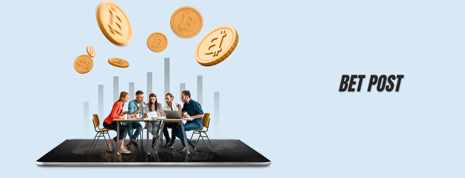 People analyzing betting trends on a digital interface with cryptocurrency coins overhead.